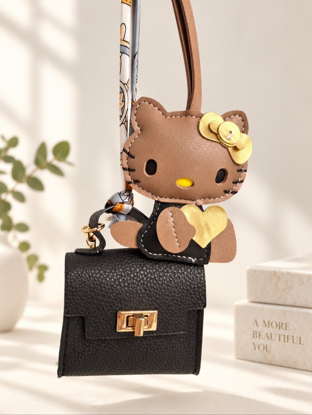 Hello Kitty Gold Bow Bag Charm + Mini Black Purse AirPods Case Set